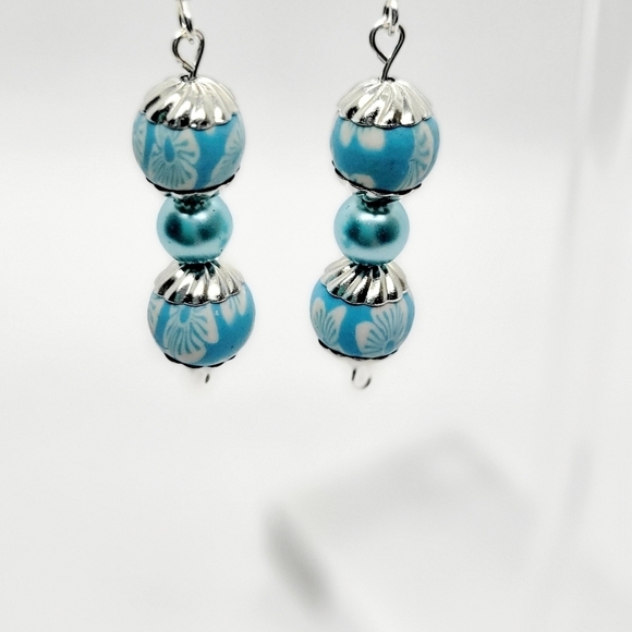 Artisanal Blue and White Clay Beaded Dangle Drop Earrings - Picture 3 of 9